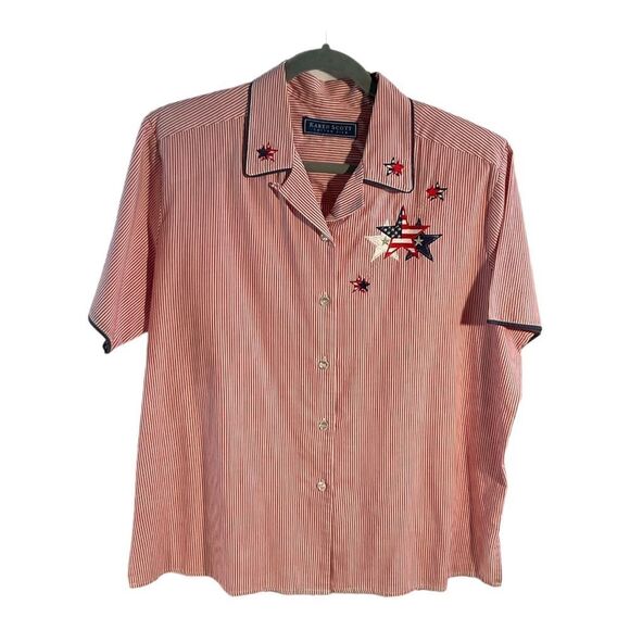 Karen Scott Shirt Womens Red White Blue Striped Stars Embroidered July 4 Size XL - Picture 1 of 14